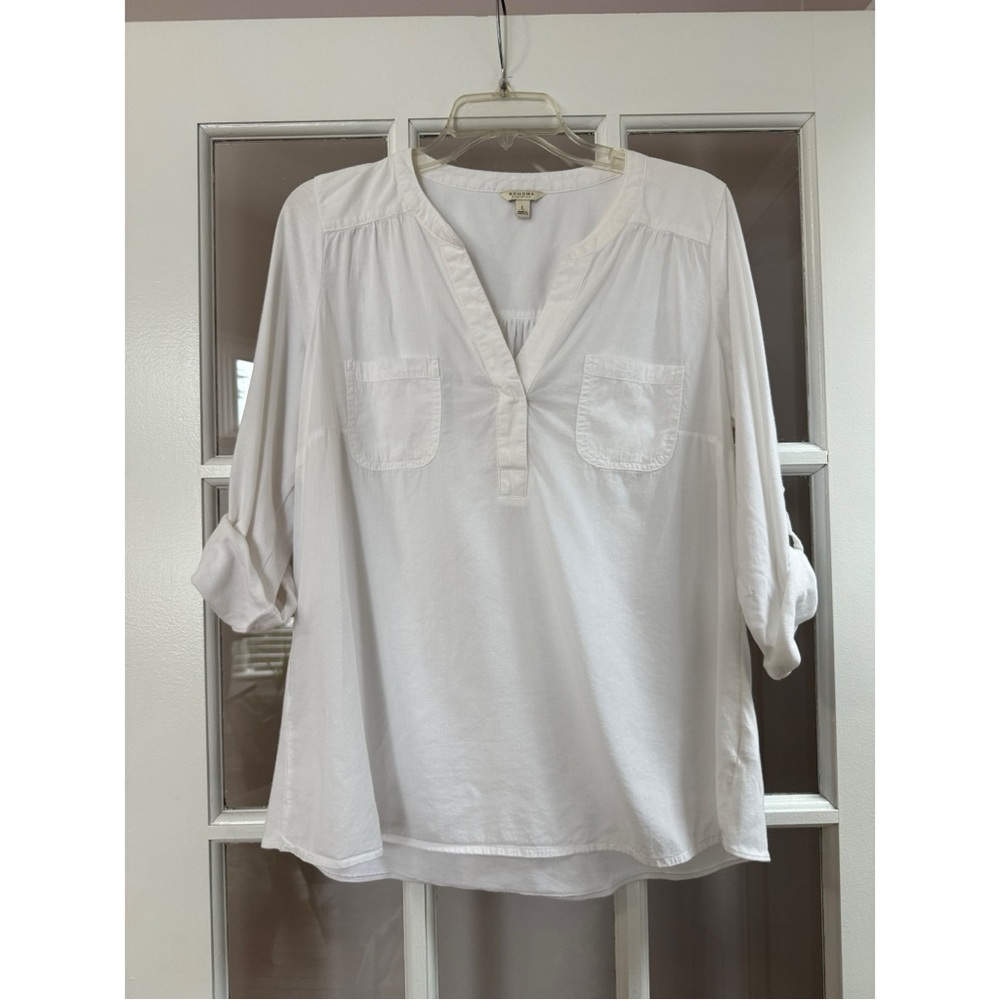Sonoma White 3/4 Rolled Sleeve Popover Blouse